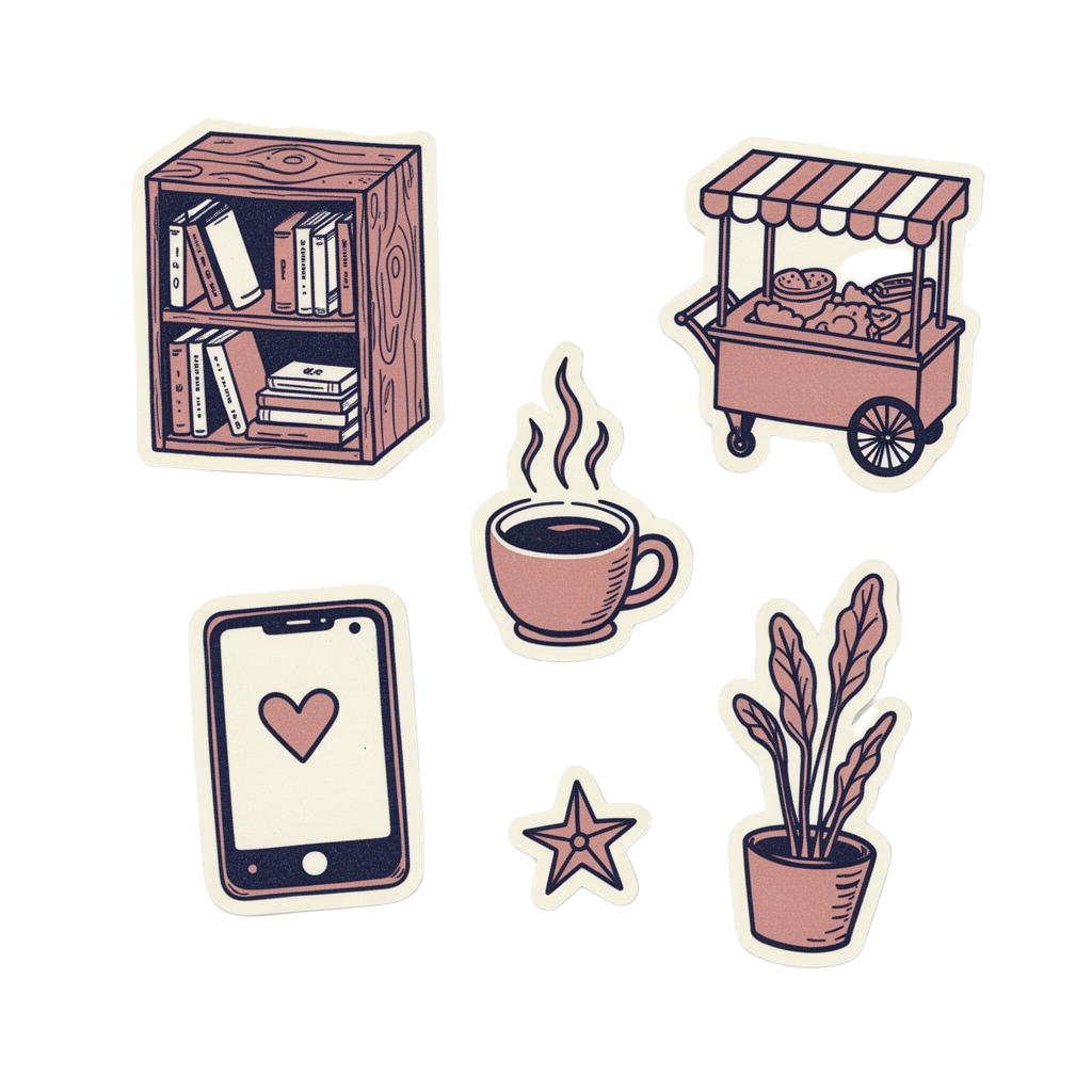Hand-drawn stickers: bookshelf, snack cart, phone with heart, plant, star